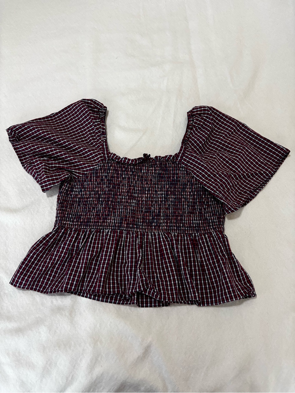 Draper James Burgundy and White Plaid Smocked Crop Top
